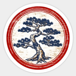 Blue bonsai on vintage distressed circular background Sticker